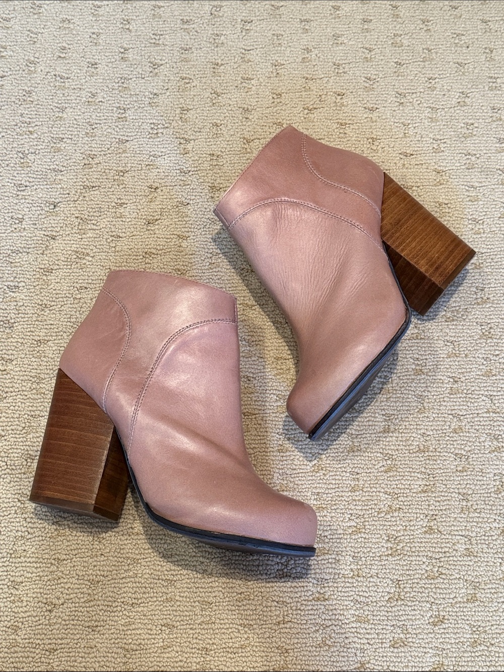Women's Nude Leather Block Heel Ankle Boots